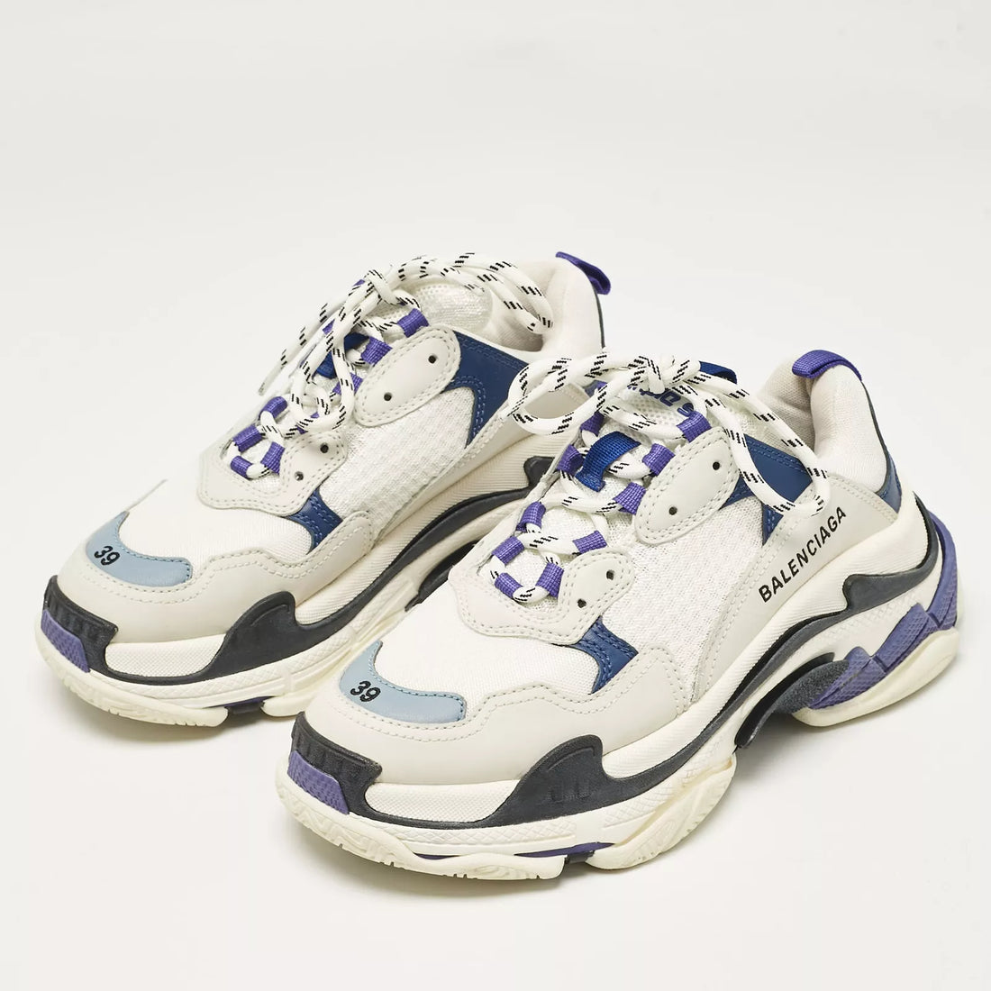 BALANCIAGA White/Blue Mesh and Leather Triple S Sneakers