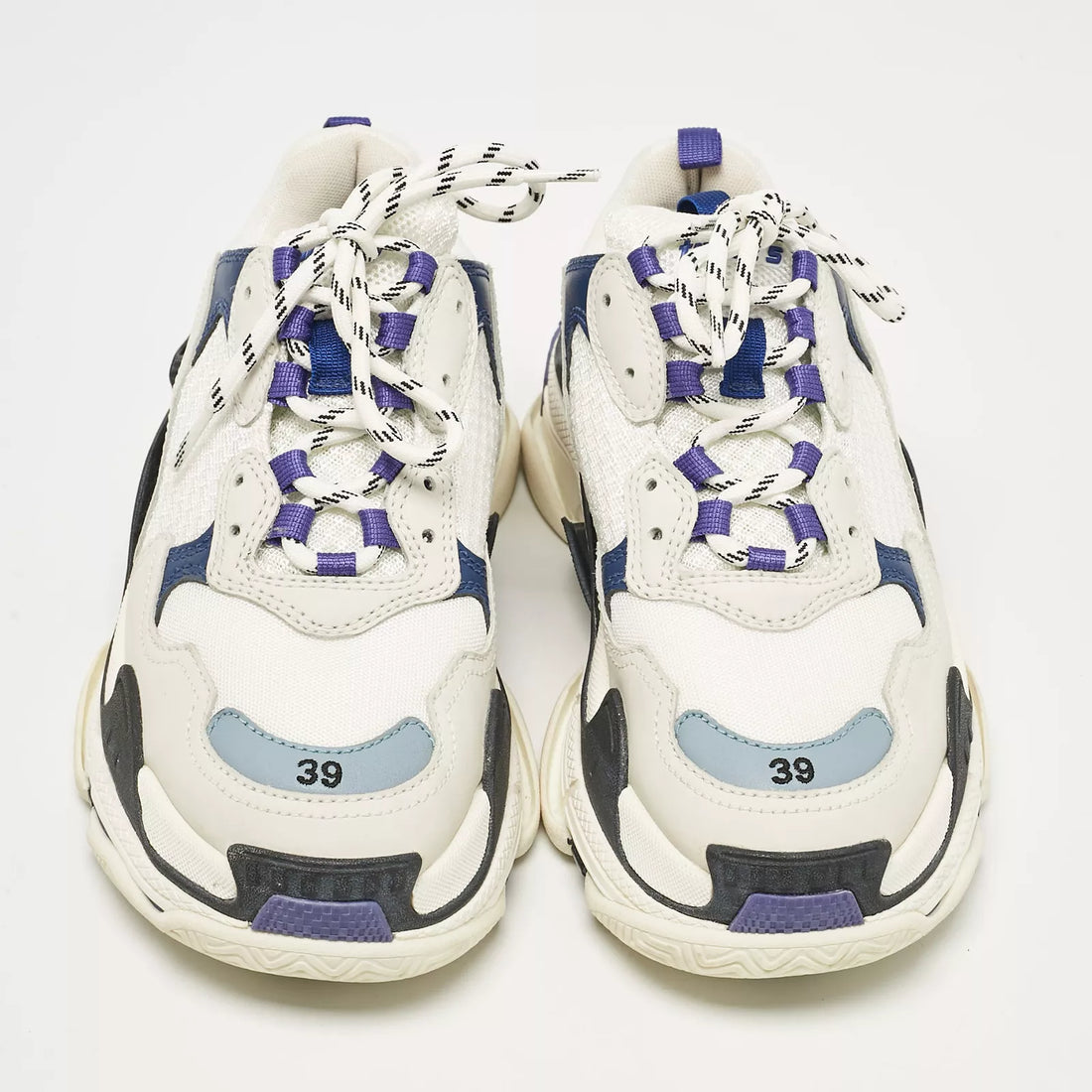 BALANCIAGA White/Blue Mesh and Leather Triple S Sneakers