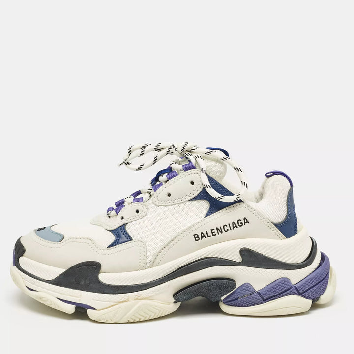 BALANCIAGA White/Blue Mesh and Leather Triple S Sneakers